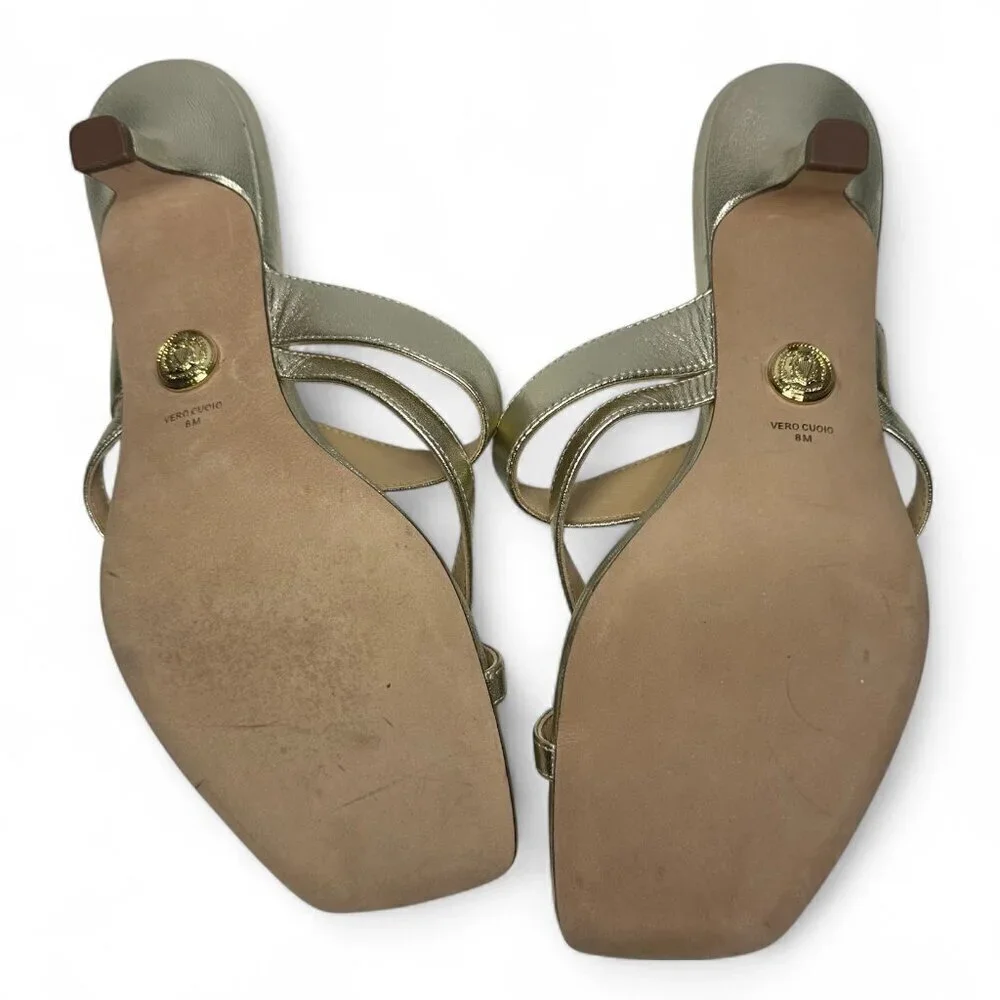VERONICA BEARD Alanis Strappy Slip On Mid Heel Sandals, Gold, Size 8, NWOB